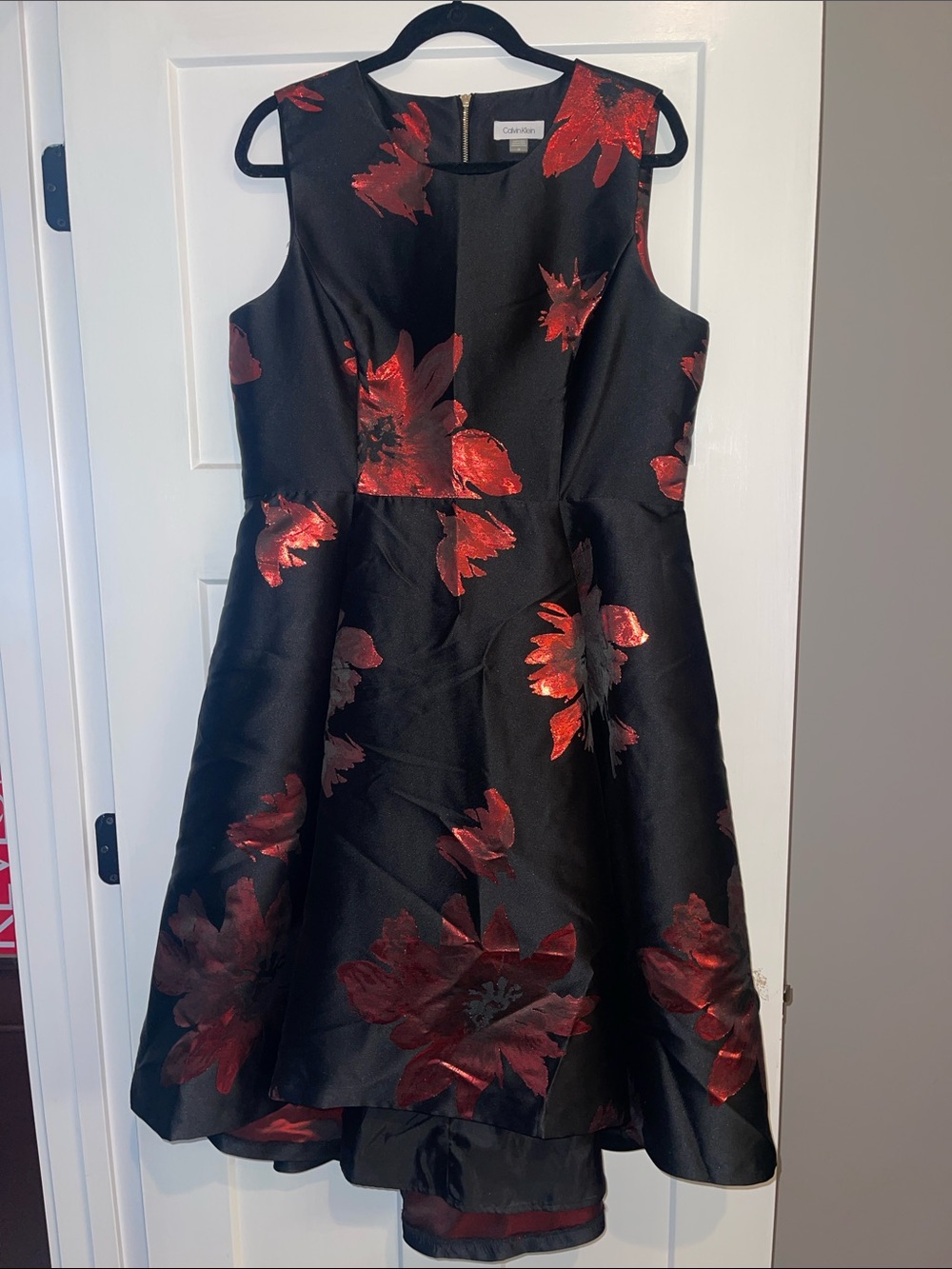 Calvin Klein Black Dress with Red Floral Jacquard